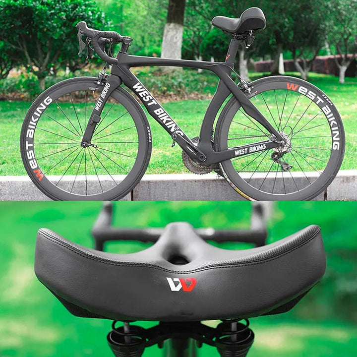 Zijprofiel ergonomisch fietszadel met extra demping en ademende structuur voor langdurig comfort.