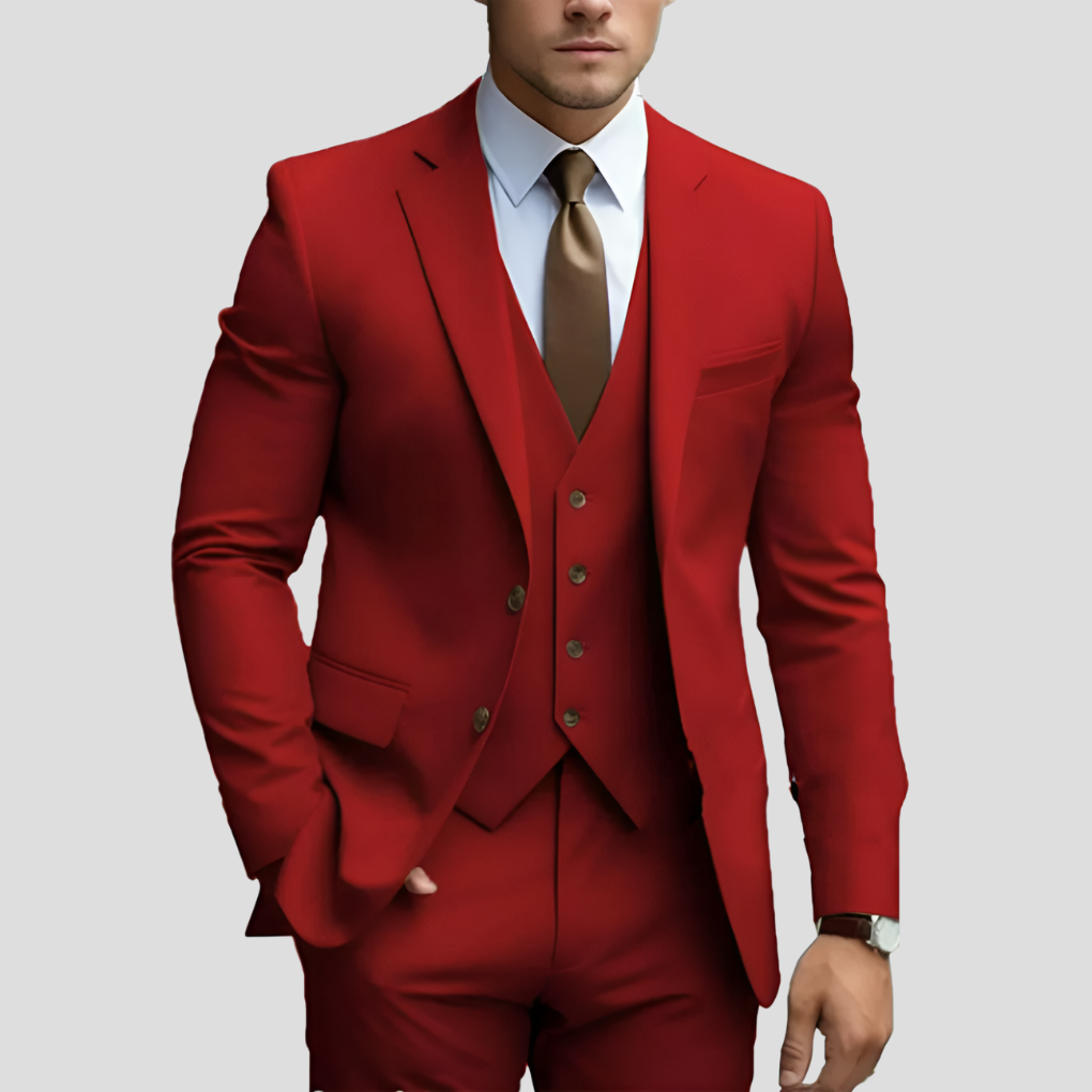 Stijlvol driedelig slimfit herenpak (vooraanzicht), ideaal voor formele gelegenheden, avondkleding en feesten.