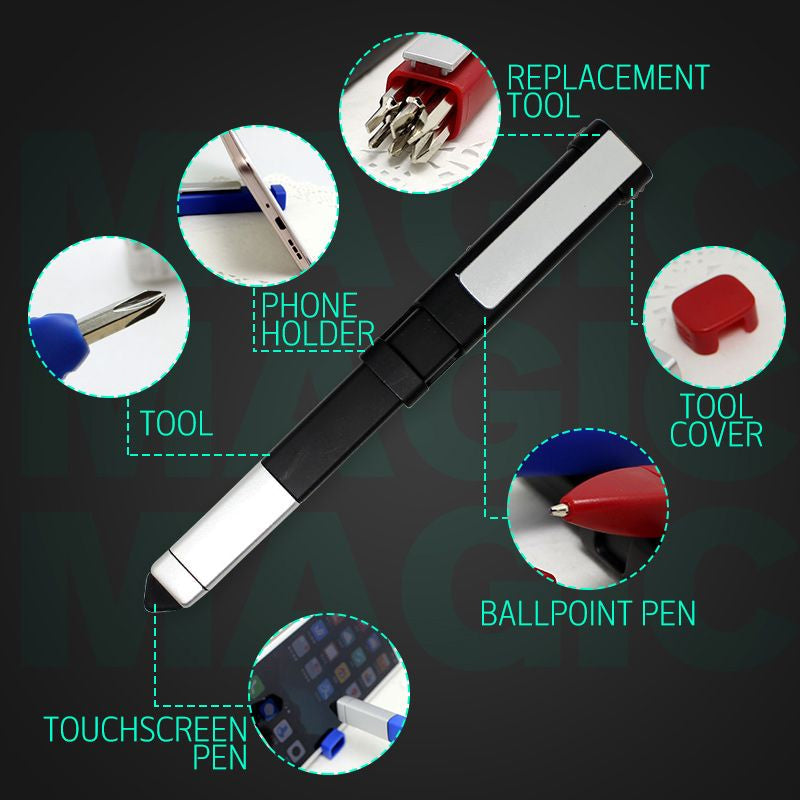 All-in-one gadget: pen, stylus, telefoonhouder en schroevendraaier set in één compact design voor dagelijks gebruik.