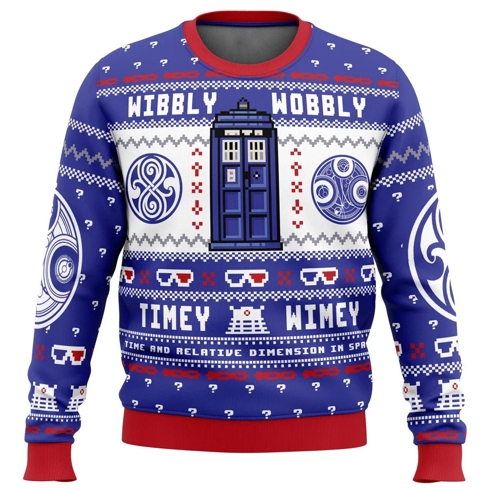Unisex blauwe TARDIS Doctor Who kersttrui, bedrukt met sneeuwvlokken. Essentiële wintermode voor Whovians.