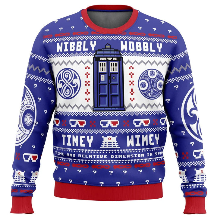 Unisex blauwe TARDIS Doctor Who kersttrui, bedrukt met sneeuwvlokken. Essentiële wintermode voor Whovians.