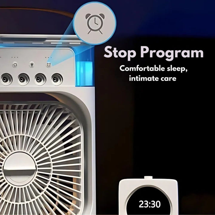 Energiezuinige draagbare luchtkoeler met multi-speed ventilator en ingebouwd LED-licht.