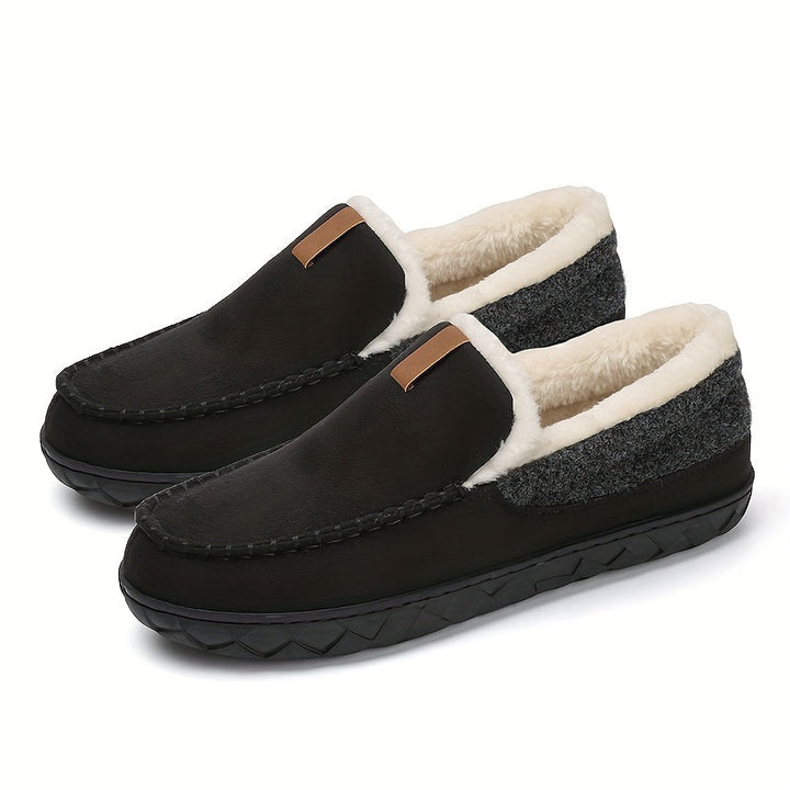 Winter heren pantoffels, zwart, met warme voering, perfect als comfortabele huisloafer.