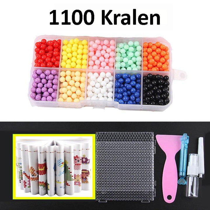 Diverse glanzende kralen en gereedschap uit de DiamondPen kralenset; klaar voor creatieve DIY-projecten.