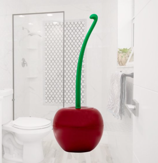Compacte kersen WC-borstel met rode kersenhouder, een uniek en functioneel badkameraccessoire.