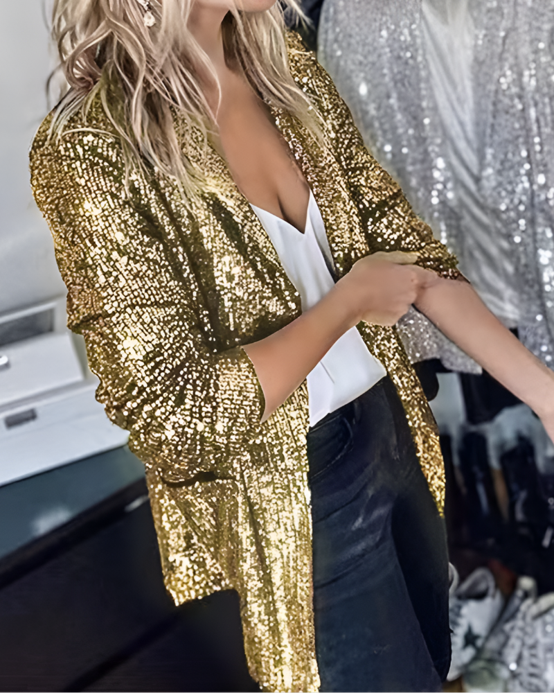 Stijlvol dames glitter colbert Marah met gouden pailletten, perfect voor feestkleding en avondkleding.