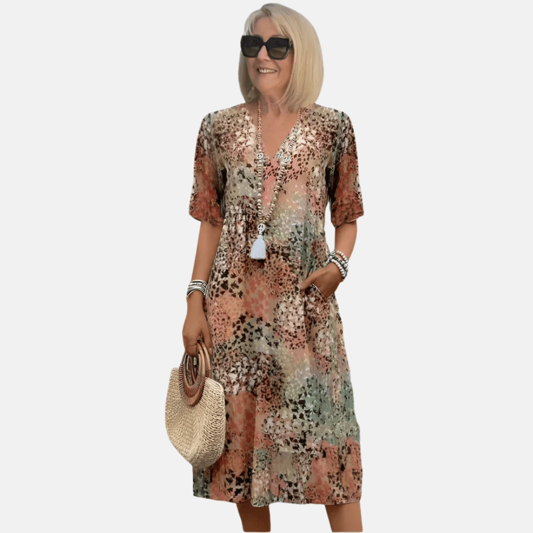 Dames vintage zomerjurk met V-hals, unieke 3D-print en korte mouwen. Comfortabele A-lijn jurk voor vakantie.