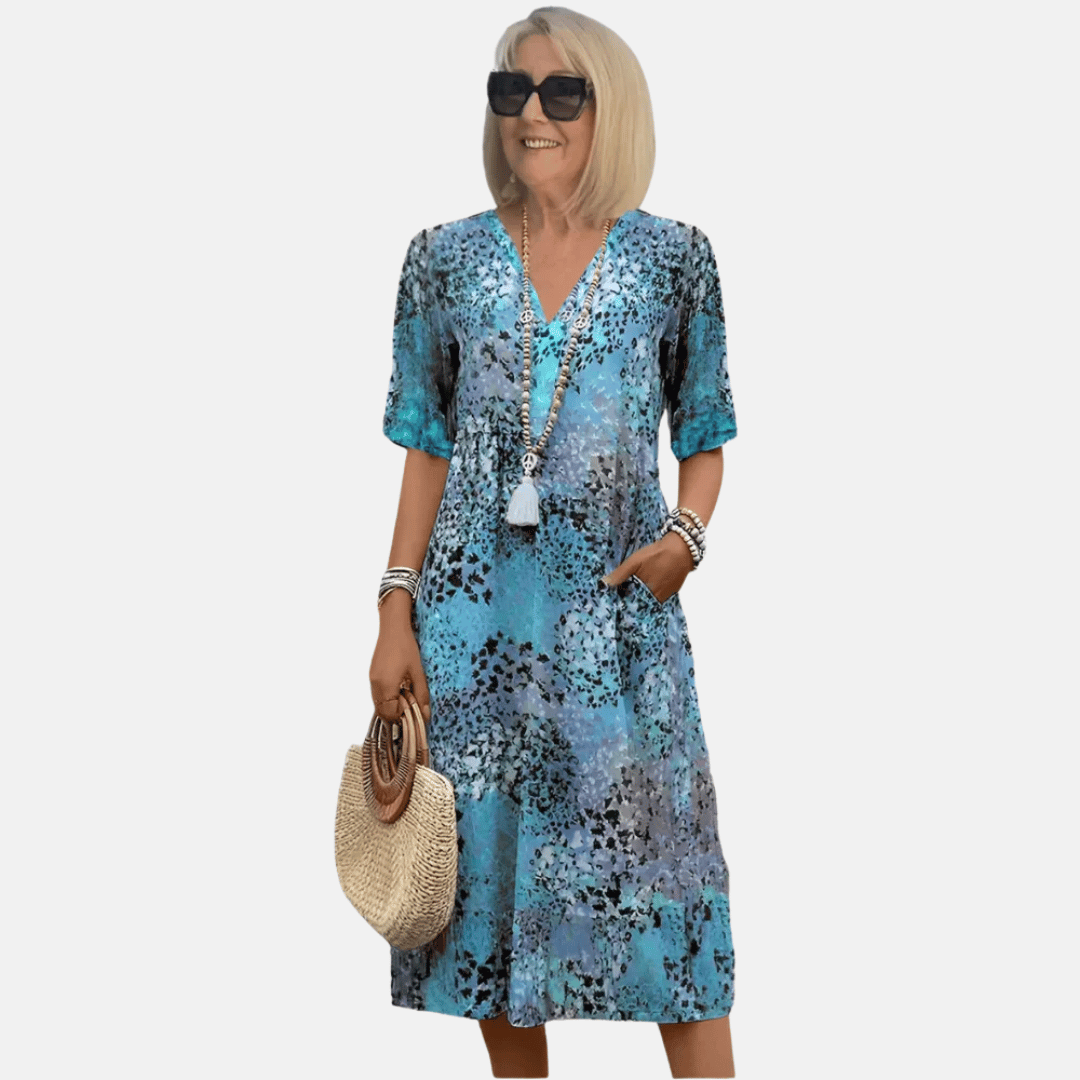 Modieuze dames zomerjurk met opvallende 3D-print. Losvallende V-hals retro jurk, perfect voor casual vakanties.