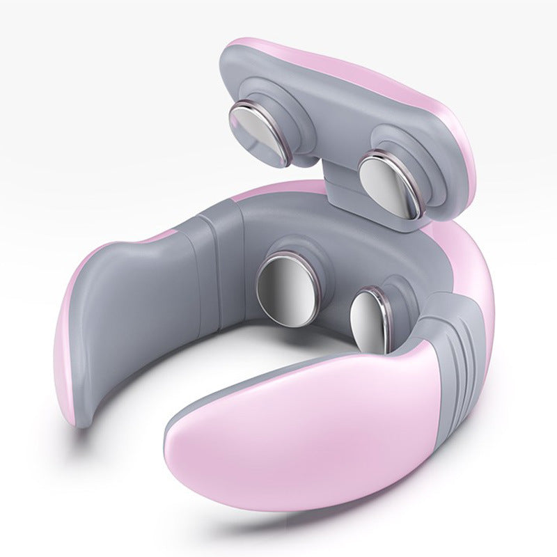 Draagbaar roze ergonomisch nekmassageapparaat met EMS/TENS voor spierverlichting en wellness.