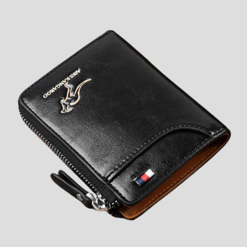 Stijlvolle heren RFID-antidiefstalportemonnee in bruin leer, compact en veilig voor al je kaarten en geld.