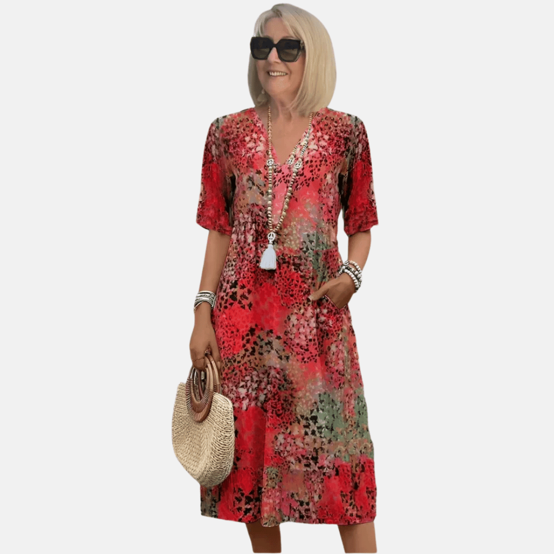 Modieuze vintage zomerjurk voor dames met V-hals, 3D-print en korte mouwen. Ideaal voor casual zomeroutfits.