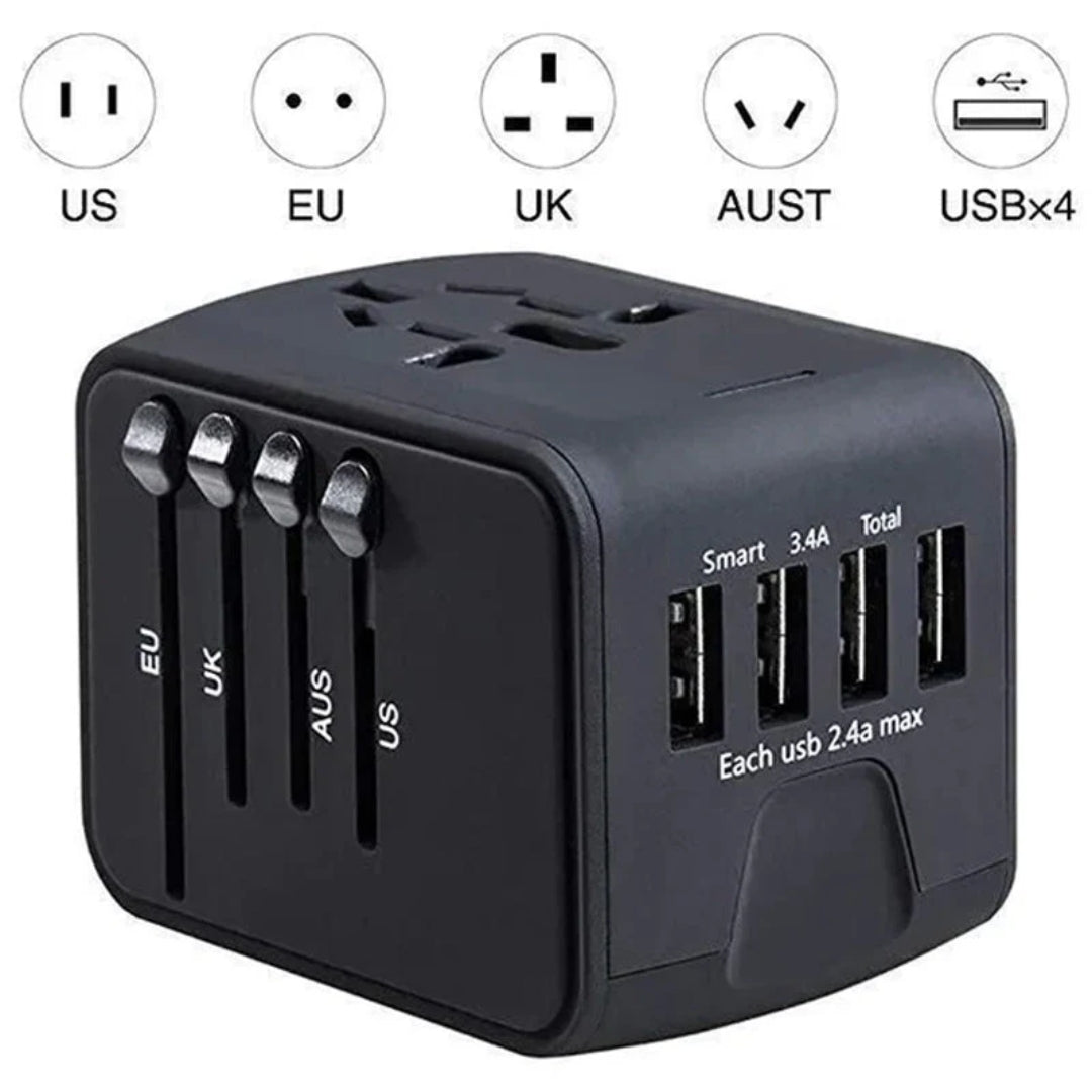 Reiziger laadt telefoon op met universele USB-C reisstekker; compacte adapter voor wereldwijd opladen elektronica.