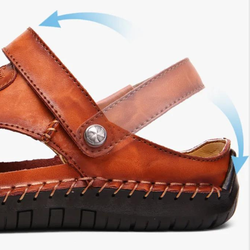 Hoogwaardige Marco orthopedische heren leren sandalen met voetondersteuning, gesloten neus en slip-on gemak.
