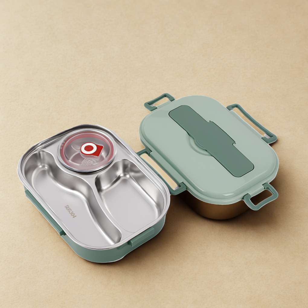 Isolerende voedselopslag box, draagbaar en lekvrij RVS design in pastel, voor warme maaltijden.