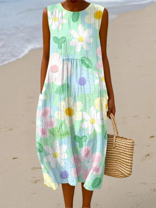 Zwierige dames midi zomerjurk met print, mouwloos design, comfortabel voor strand en dagelijks gebruik.