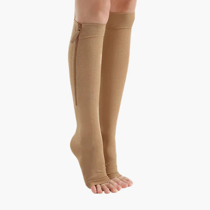 Comfortabele unisex teenloze compressiekousen met rits, biedt ondersteuning voor de bloedsomloop.