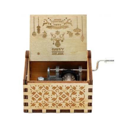 Houten kerst muziekdoos als charmant ornament, perfect voor feestdagen en als kerstcadeau.