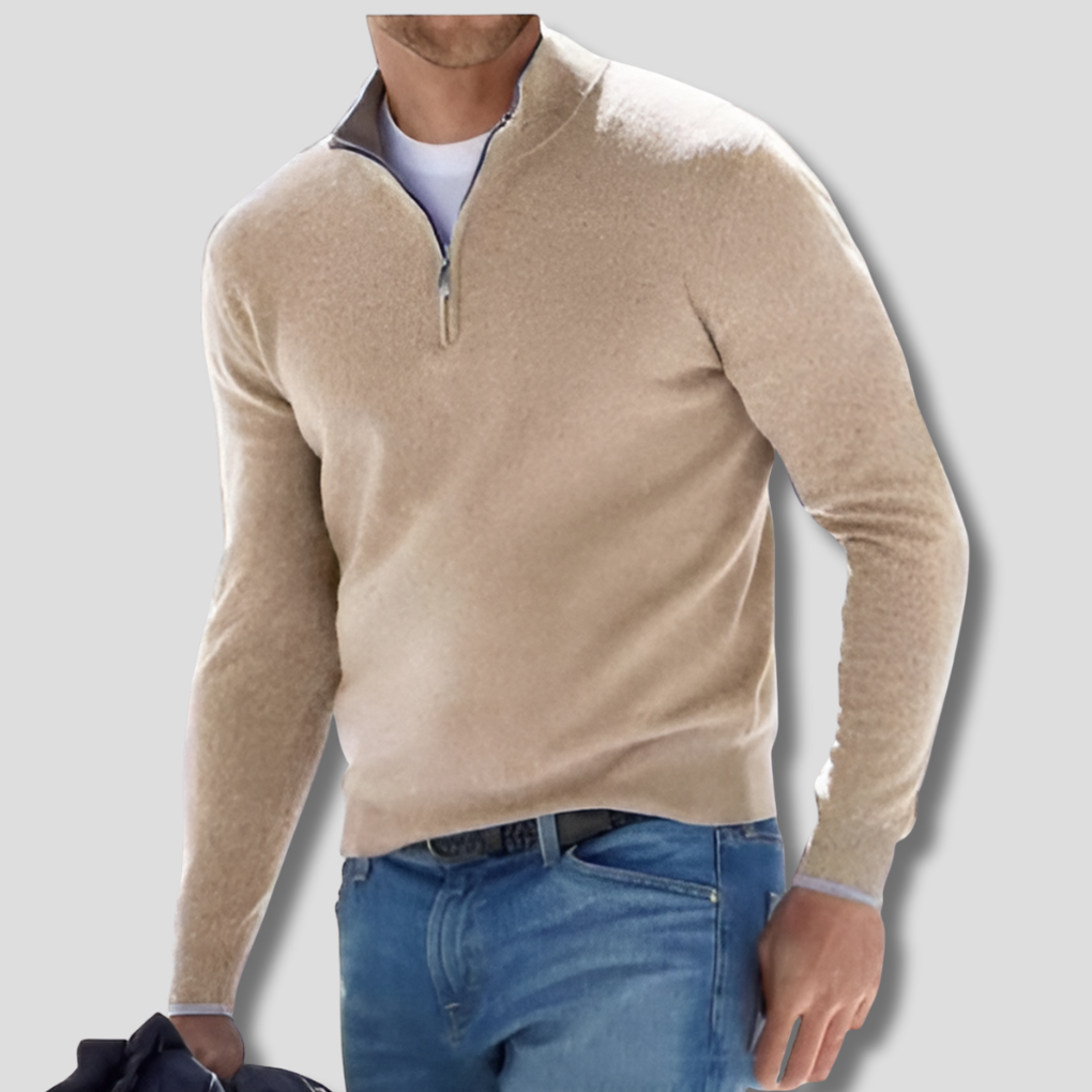 Heren gebreide katoenen trui met ritskraag. Stijlvolle en comfortabele pullover voor herfst en winter.