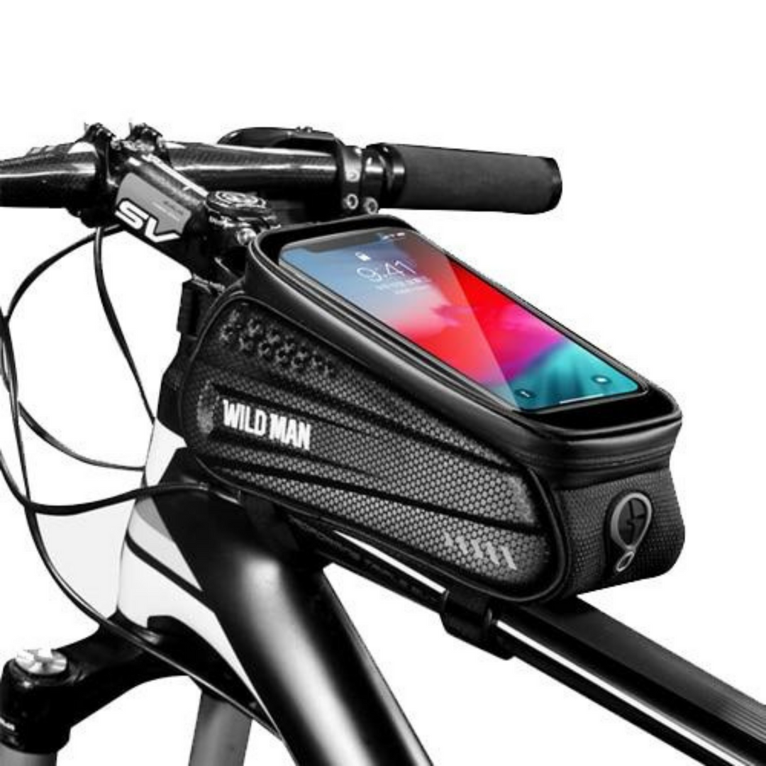 Compacte universele frametas fiets met waterdichte telefoonhouder. Perfect voor navigatie en droge opslag.