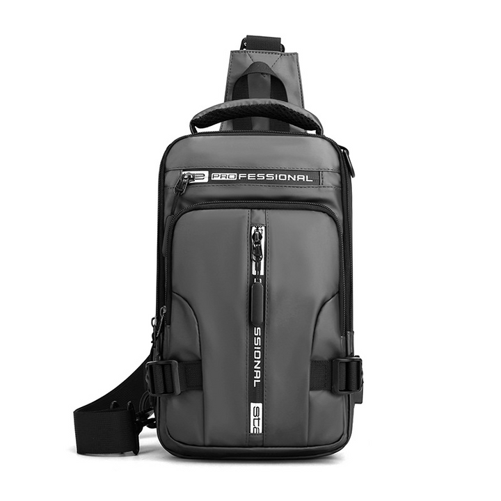 Zwarte waterdichte heren crossbody rugzak, functioneel design voor al je essentiële spullen.