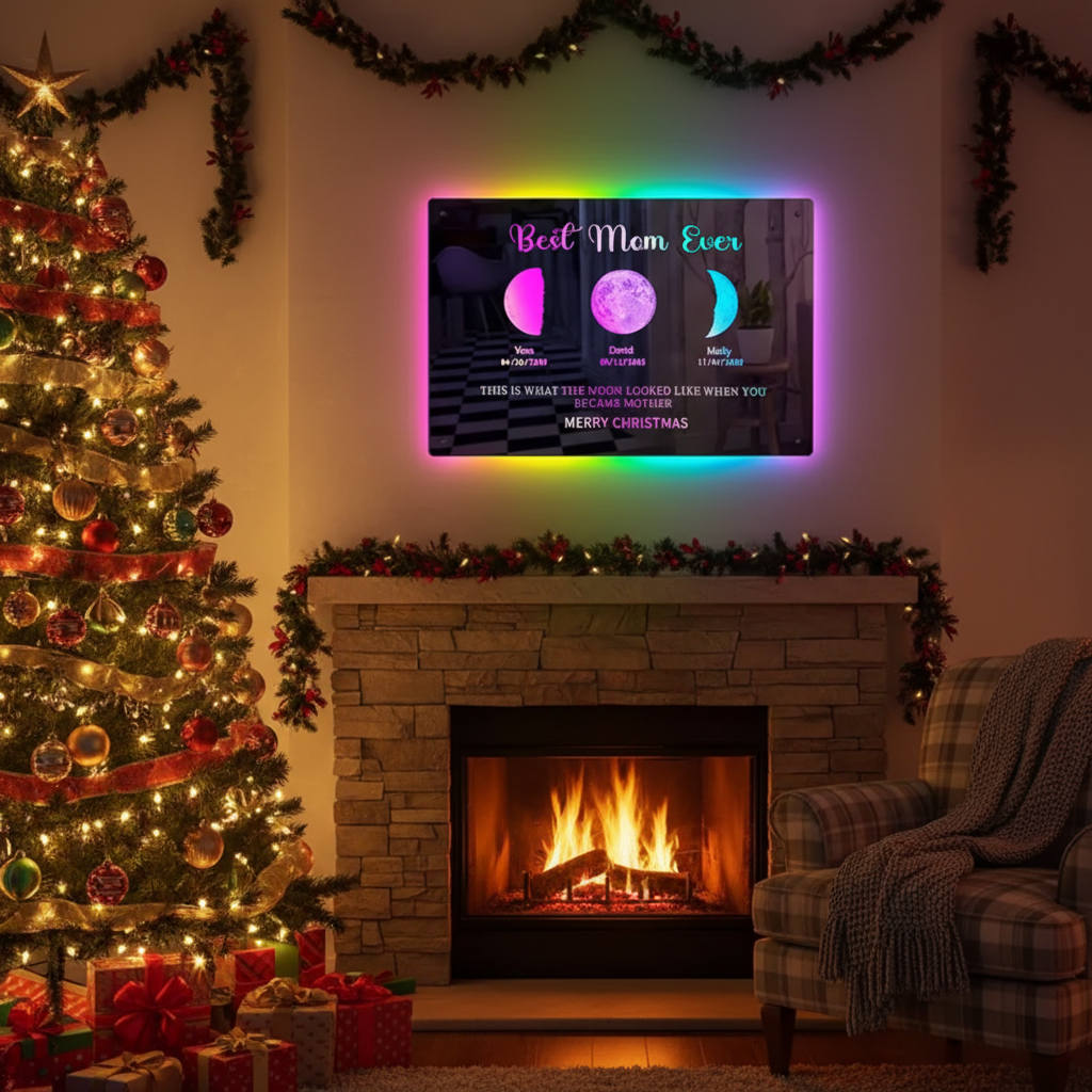 Decoratieve LED spiegel met gepersonaliseerde maanfase en inscriptie. Uniek acryl cadeau voor elke moeder.