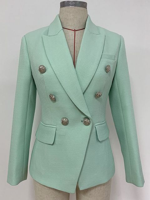 Chique dames blazer, getailleerd met details van leeuwenknopen, voor formele kleding.