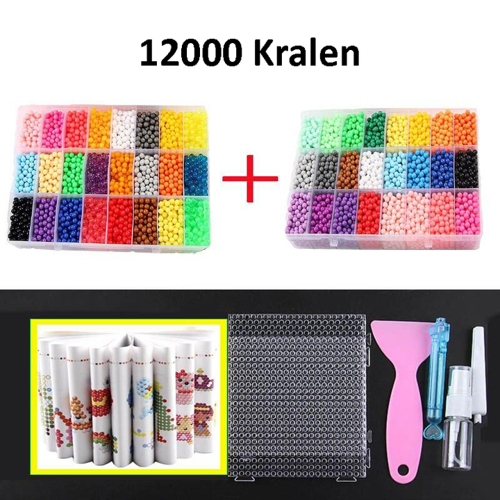 Twee kinderen delen een DiamondPen kralenset; bevordert samenwerking en creativiteit tijdens het knutselen.