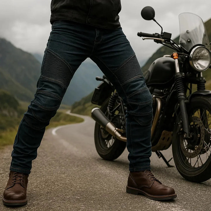 Duurzame IronGuard motorbroek van denim en aramide; superieure bescherming en comfort voor lange ritten.