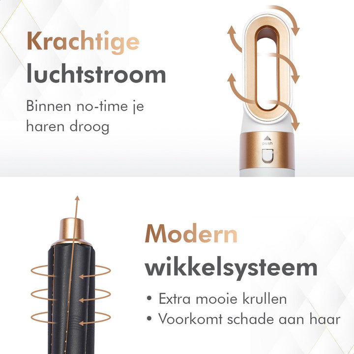 Dames hairstyler met meerdere opzetstukken: föhn, stijltang, krultang voor veelzijdige haarstyling en beauty.