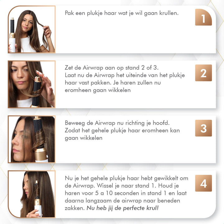 Dames stylet haar met 4-in-1 warme lucht hairstyler. Creëer diverse looks: volume, krullen of steil haar.