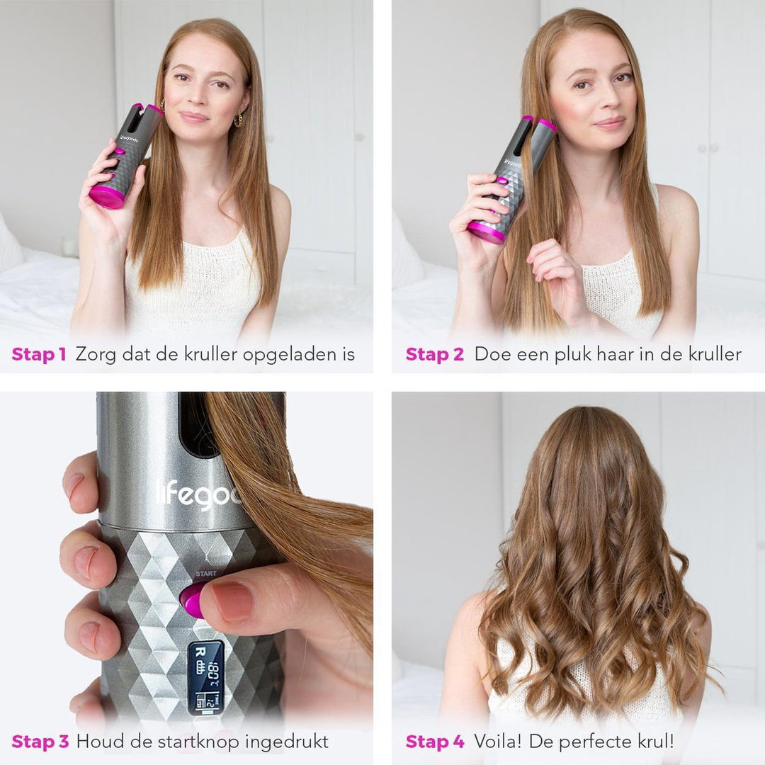 Compacte, USB oplaadbare automatische haarkruller. Perfect voor snelle krullen en haarstyling onderweg, voor dames.