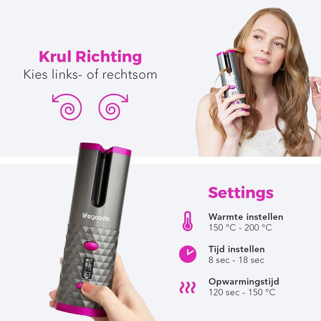 GoodCurls™ draadloze automatische krultang voor dames. Zorgt moeiteloos voor prachtige, langhoudende krullen.