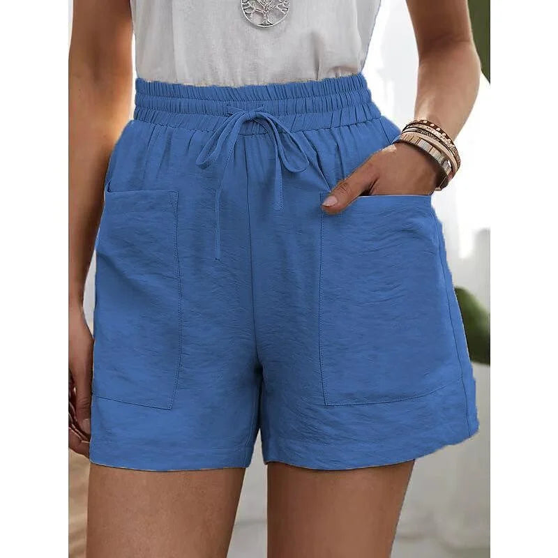 Zomerse korte broek voor dames. Hoge taille, elastische band. Ideaal voor casual en comfortabele outfits.