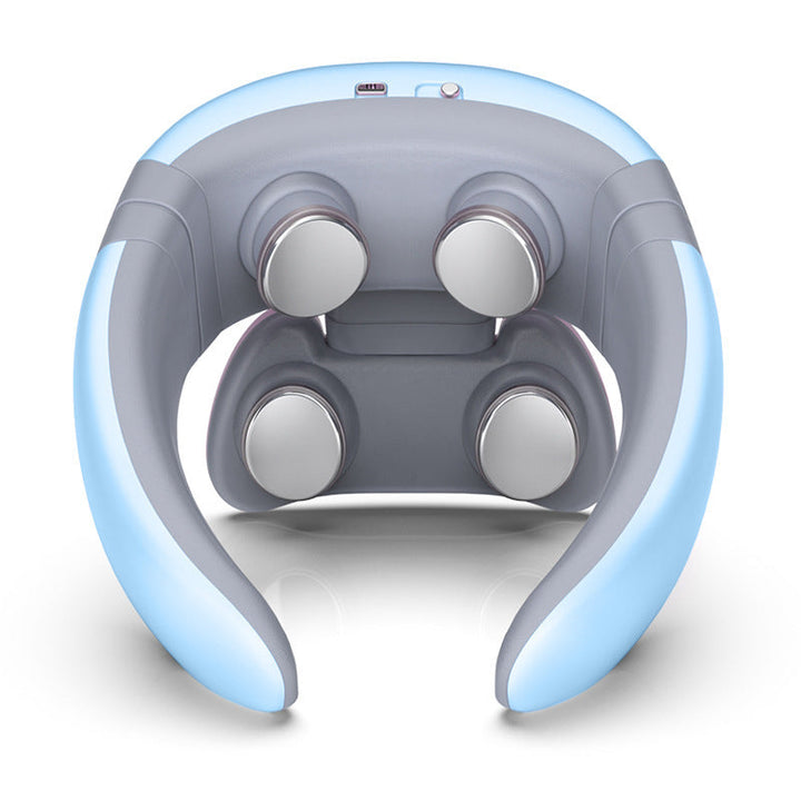 Slim blauw nekmassageapparaat met warmtetherapie & vibratie voor nekpijnverlichting en diepe ontspanning.