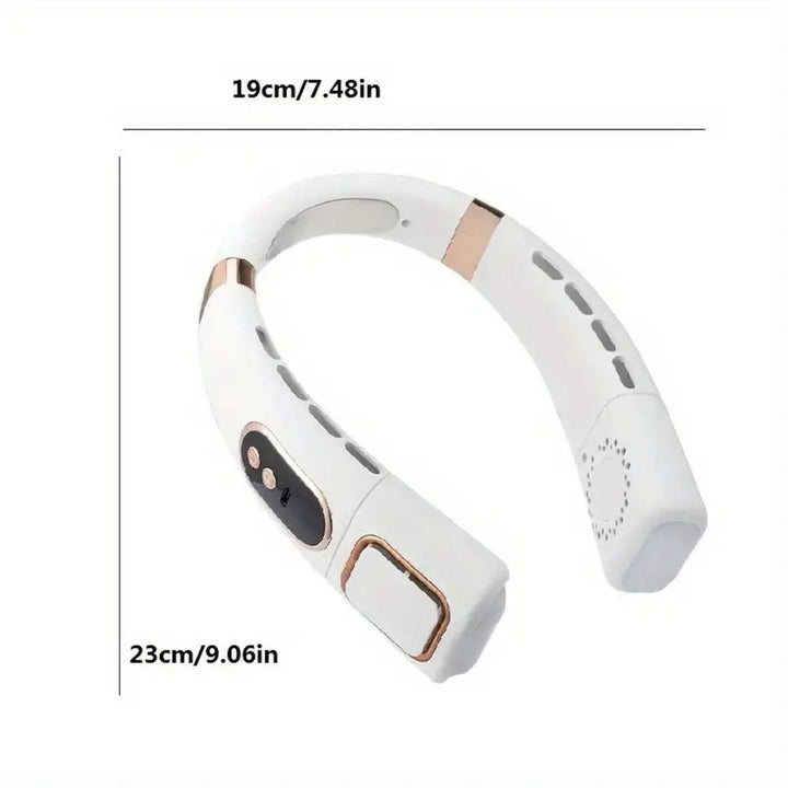 Handsfree nekventilator met digitale display. Comfortabele 360° koeling, USB oplaadbaar voor onderweg.