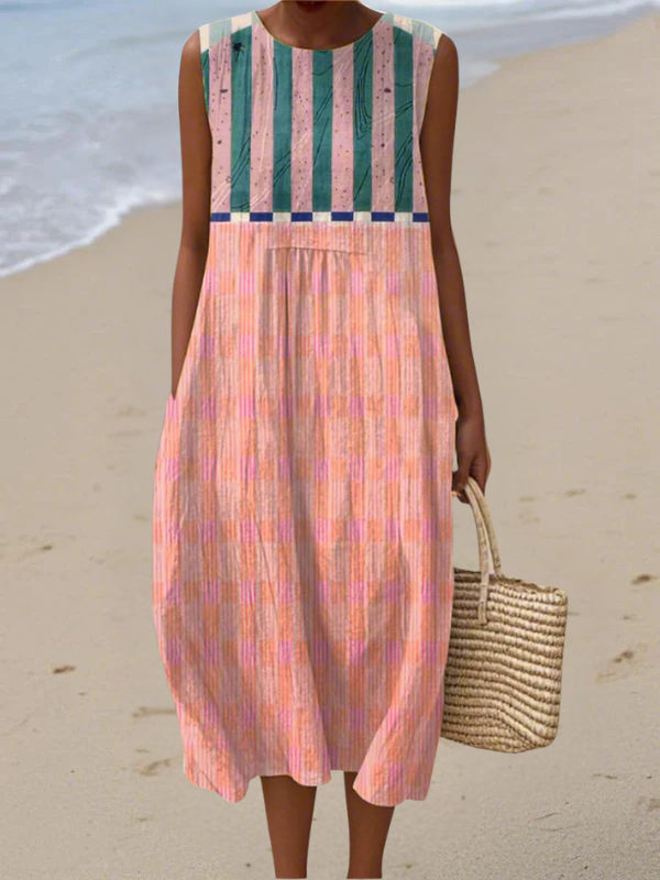 Geprinte mouwloze midi jurk, elegante A-lijn voor dames, perfect als zomerjurk of vakantiejurk.