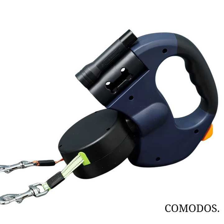 Stressvrije wandelingen met twee honden dankzij deze comfortabele dubbele hondenriem met LED-verlichting.
