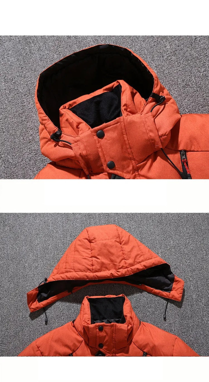 Detail van warme heren pufferjas, robuuste buitenkleding voor de winter.