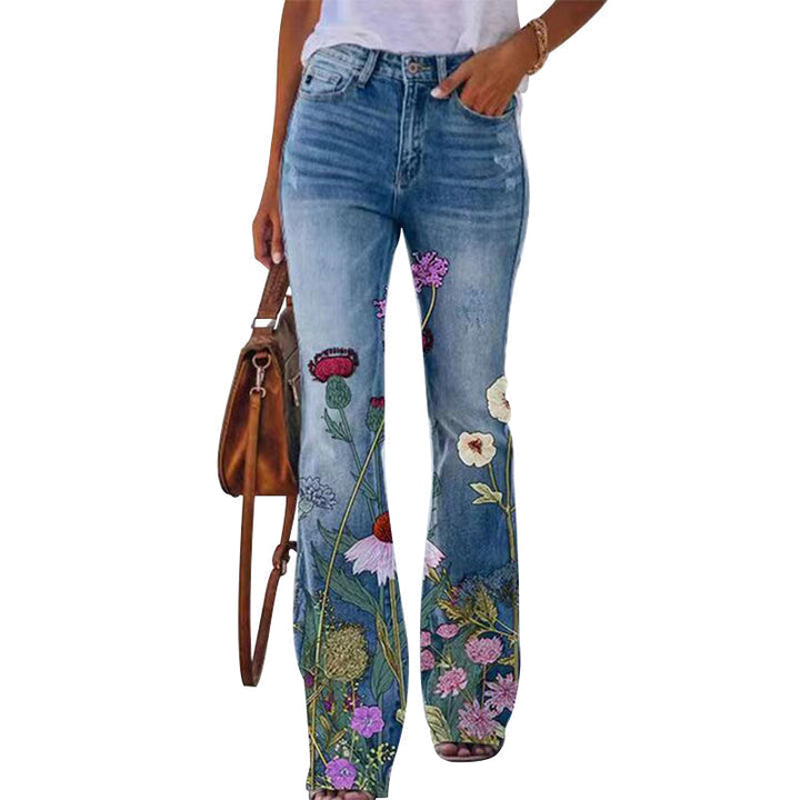 Elegante dames flare-jeans met hoge taille en unieke 4 knopen. Comfortabel en stijlvol design.