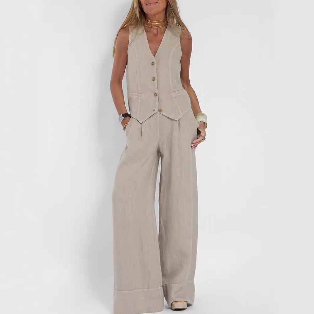 Dames mouwloos linnen pak: elegant en comfortabel, perfect voor zomerse dagen.