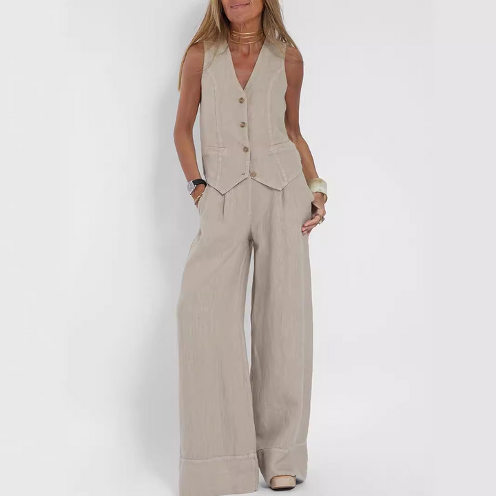 Dames mouwloos linnen pak: elegant en comfortabel, perfect voor zomerse dagen.