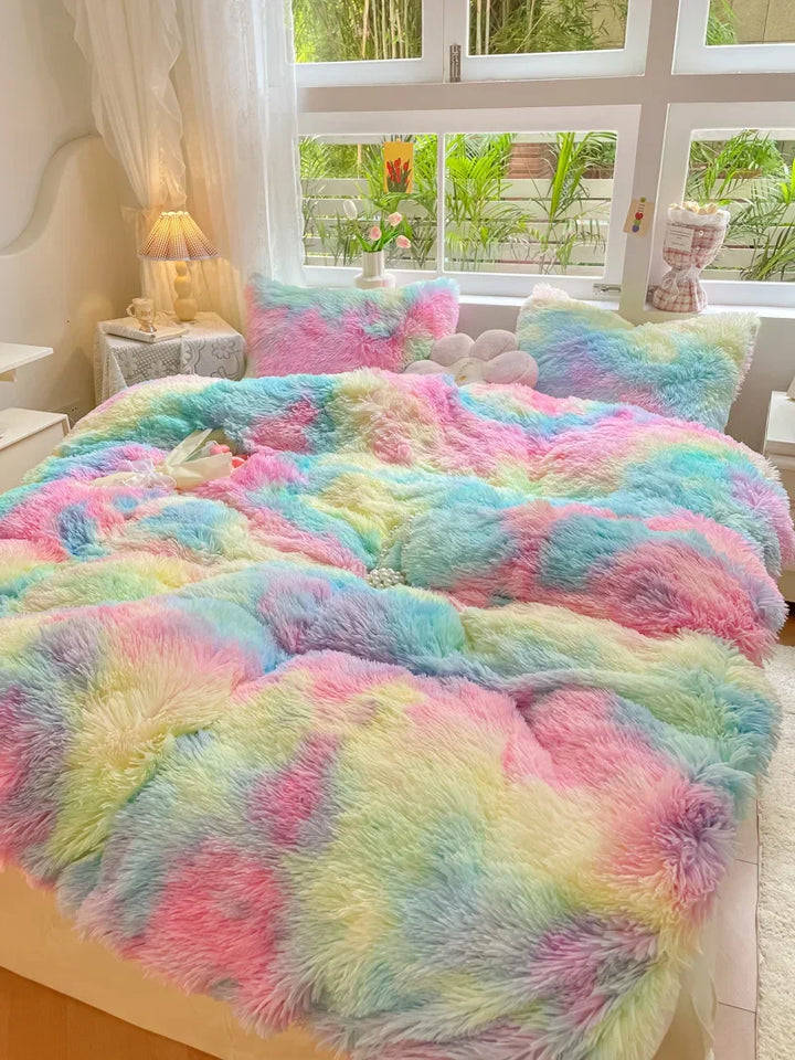 Slaapkamer upgrade: kleurrijk, pluche dekbedovertrek van FluffCandy, zacht en warm.