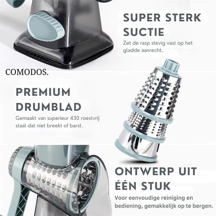 De compacte groentehakmolen netjes opgeborgen, bewijst zijn ruimtebesparende ontwerp in een kleine keuken.