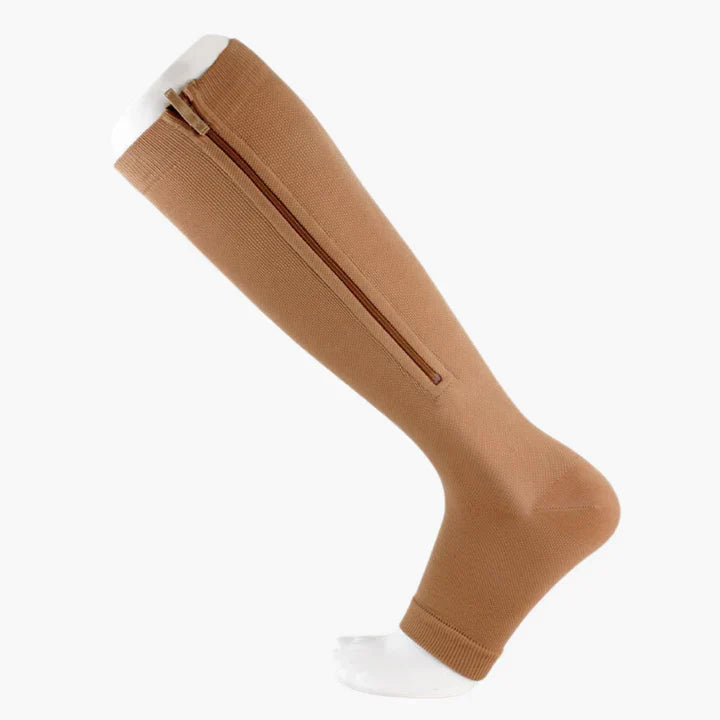 Teenloze medische compressiekousen met rits, ideaal voor oedeem, zwelling en orthopedische ondersteuning.