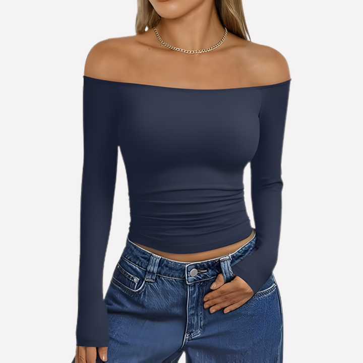 Trendy off-shoulder damestop met lange mouwen, geschikt voor zowel overdag als avondkleding.