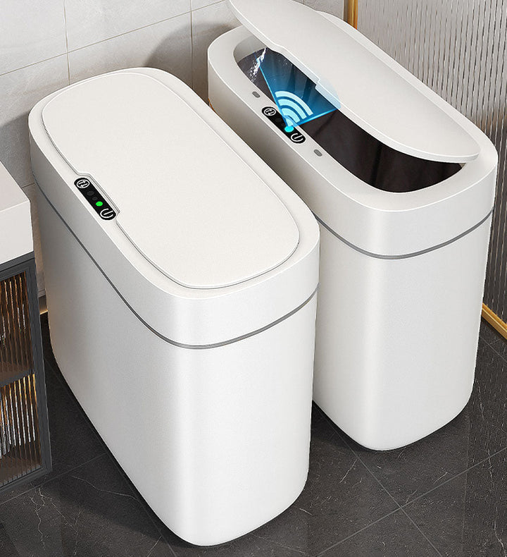 Ruimtebesparende automatische sensor prullenbak 12L. Slank, waterdicht, perfect voor kleine ruimtes en hygiënisch.