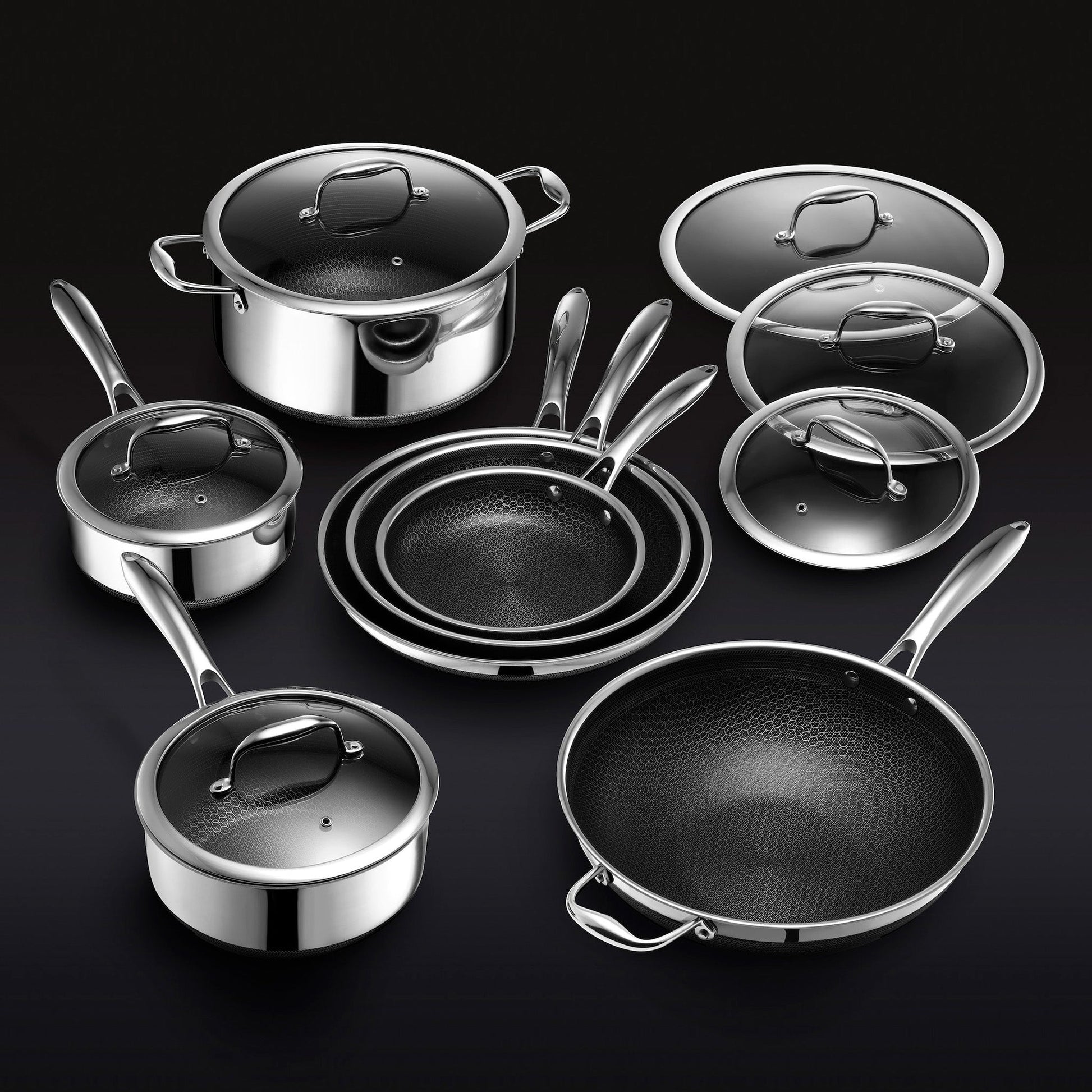"13-delige hybride kookset met non-stick, roestvrij staal en gietijzer, inclusief diverse pannen en potten voor elke maaltijd