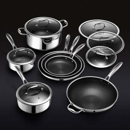"13-delige hybride kookset met non-stick, roestvrij staal en gietijzer, inclusief diverse pannen en potten voor elke maaltijd