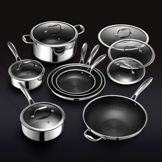 "13-delige hybride kookset met non-stick, roestvrij staal en gietijzer, inclusief diverse pannen en potten voor elke maaltijd