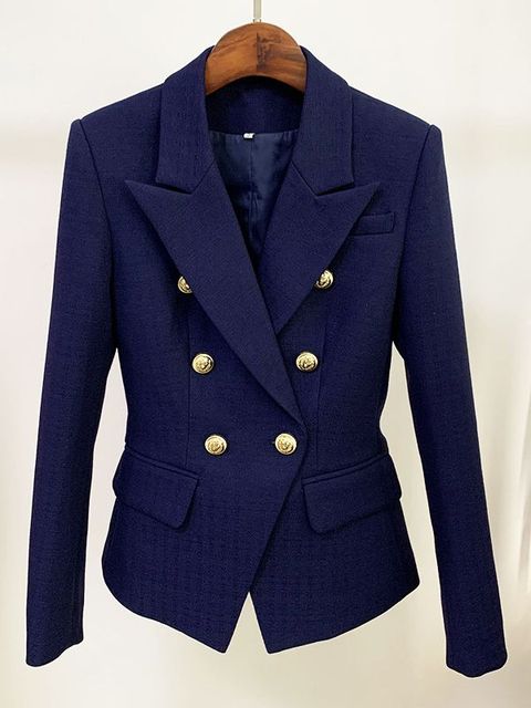 Dameskleding, getailleerde blazer met unieke leeuwenknopen voor elke gelegenheid.